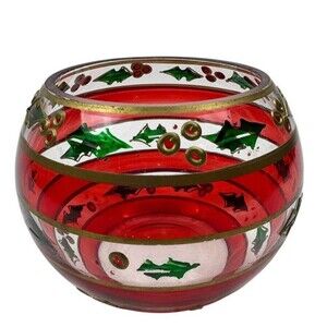 VTG Hand-Painted Holly Berry Christmas Glass Globe Candle Holder 4” Red & Clear